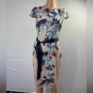 Adrianna Papell Navy and Nude Floral Embroidered Midi Dress
